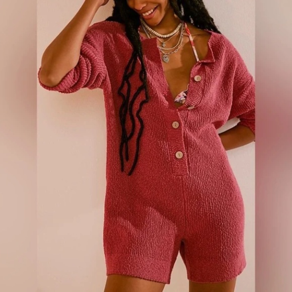 NEW FREE PEOPLE FP BEACH WOMENS BEAU SWEATER ROMPER KNIT MAUVE PINK SIZE MEDIUM